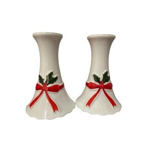 Mount Clemens Pottery Christmas Candlesticks Holly Ribbon Pair Japan